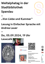 auf dem Foto zu sehen: ein Foto von mir, ein Foto vom Buchcover, sehr viele Logos von Mitwirkenden, und die Ankündigung zur Lesung im Lesecafé