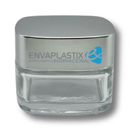 Pomadera cuadrada vidrio tapa plateada, frascos de vidrio para cremas