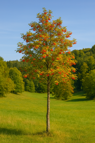 Eine Eberesche auf einem sonnigen Waldsaum – mit lockerer Krone, gefiedertem Laub und reifen, roten Beeren als Blickfang für Vögel und Wanderer.