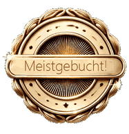 Goldenes Qualitätssiegel mit der Aufschrift ‚Meistgebucht‘ – elegantes Design für besonders beliebte Angebote