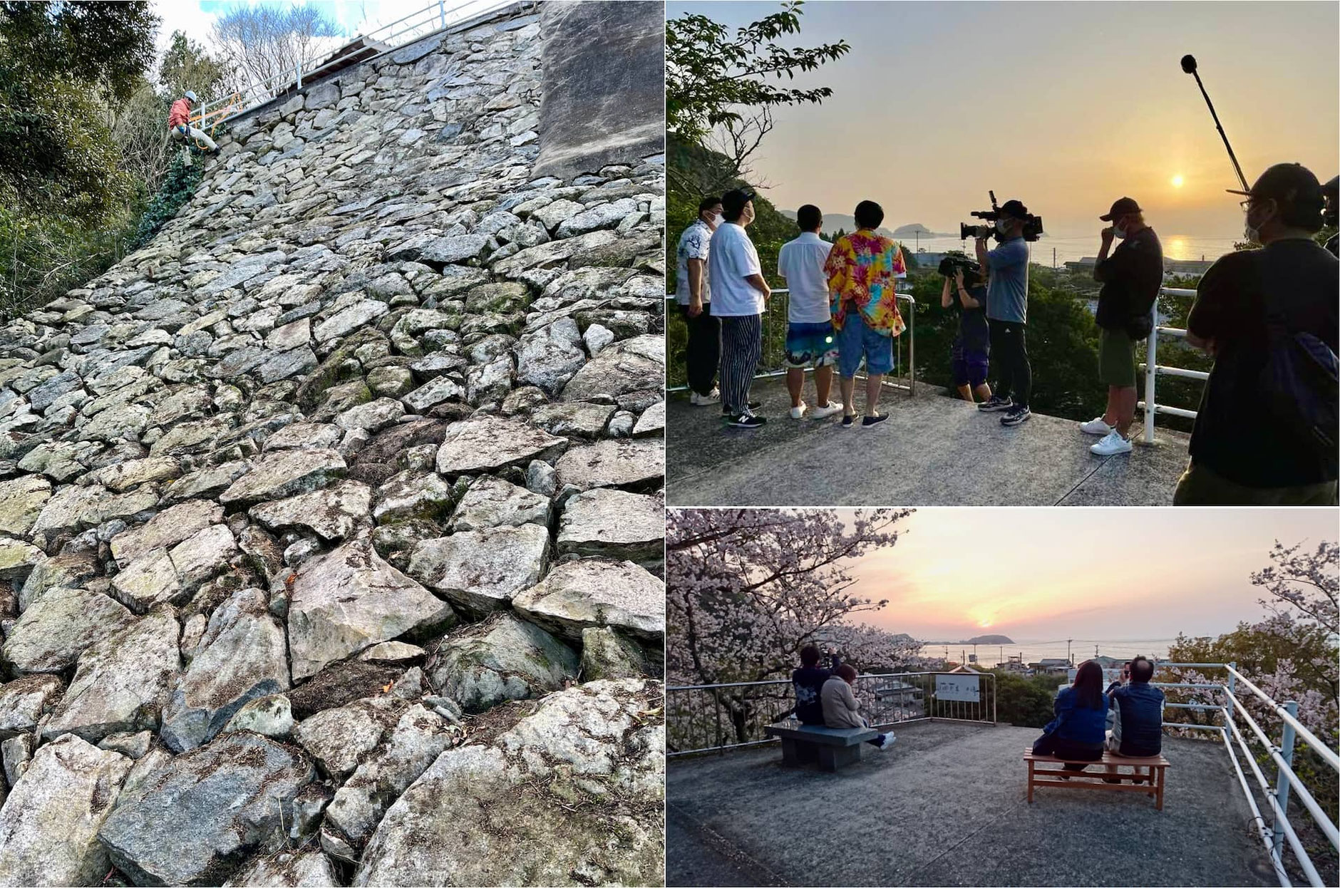 鎮懐石八幡宮の城壁のような石垣の上にある展望台から海と夕日を眺める。