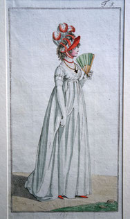Modekupfer Dame in weißem Empirekleid mit Haube und Fächer