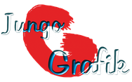 Logo von Jungo Grafik, Thun, ein grosser roter G gemalt wie mit Pinsel, Schriftzug mit Jungo Grafik