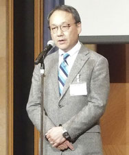 豊作まつり ２ ０１９であいさつする三菱マテリ アル 加工事業カンパニー　金子営業本部長