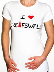 I love Greifswald-Damenshirt, weiß (Annabelle) mit schwarzer Schrift und rotem Herz/Turm.