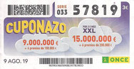CUPONAZO DE LA O.N.C.E. - Nº 57819 - 9 - AGO. 19 (0,60€).