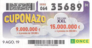 CUPONAZO DE LA O.N.C.E. - Nº 35689 - 9 - AGO. 19 (0,60€).