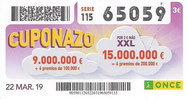 CUPONAZO DE LA O.N.C.E. - Nº 65059 - 22 - MAR. 19 (0,60€).