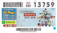 CUPÓN DIÁRIO DE LA O.N.C.E. - Nº 13759 - 24 - ABR. 19 (0,30€).