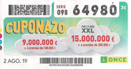 CUPONAZO DE LA O.N.C.E. - Nº 64980 - 2 - AGO. 19 (0,60€).