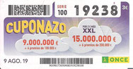 CUPONAZO DE LA O.N.C.E. - Nº 19238 - 9 - AGO. 19 (0,60€).