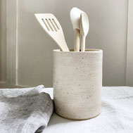 Handmade ceramic white speckled utensil jar