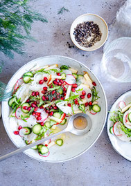 Rettichsalat mit Radieschen, Minigurke und Granatapfelkernen in einer weißen Schüssel angerichtet - mit Dill-Vinaigrette angemacht und frischem Dill als Topping