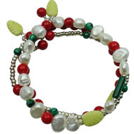 Damenarmbandset dreiteilig, Sommerarmbandset bunt, Sommer-Armbandset weiß-rot-grün-gelb, Armbandset mit Süßwasserzuchtperlen, Armbandset mit roten Jadeperlen, Silber 925