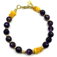 Armband Damen Perlen Amethyst glänzend Bernsteinscheiben Silber 925 vergoldet Natursteine Edelsteine Damenarmband lila-gelb vergoldet , außergewöhnliches Damenarmband
