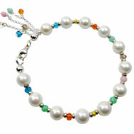 Damenarmband Muschelkernperlen weiß-bunte Rocaillesperlen Kristalle Silber 925