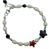 Damenarmband weiße Süßwasserperlen rote und blaue Sterne Silber 925 weihnachtlich Weihnachtsgeschenk für die Frau