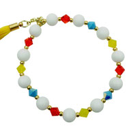 Sommer-Damen-Armband  weiß orange gelb türkis  Jadeperlen Swarovskibicons  Quaste Sommerarmband, außergewöhnliches Damenarmband