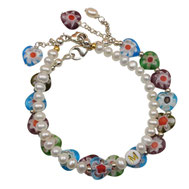 Damenarmbandset mit bunten Glasherzen Millefiori Süßwasserperlen Silber 925 Valentinsarambandset Valentinsgeschenk