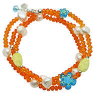 Damen Armbandset dreiteilig, Glaskristalle orange,Süßwasserperlen, bunte Glasblumen, Lizarditblätter, Silber 925