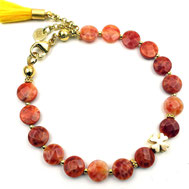 Armband Damen flache Perlen Schlangenachat  Kleeblatt Silber 925 vergoldet  Messing vergoldet