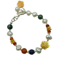 Damen-Armband Süßwasserperlen bunt Edelsteine gelbe Perlmuttblumen Lapislazuli Achat Bernstein Carneol Silber 925, außergewöhnliches Damenarmband