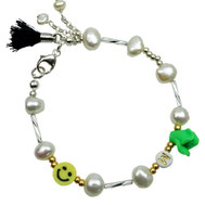 Sommer-Damenarmband bunt weiß-gelb-grün Süßwasserperlen gelbes Smiley hellgrüne PolymerBlume Silber 925 Quaste, außergewöhnliches Damenarmband