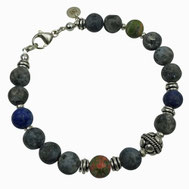 Männer-Armband grau blau Perlen Larvikit, Lapislazuli, Unakit, Silber 925, Edelsteinschmuck, hochwertiges Herrenarmband, außergewöhnliches Herrenarmband