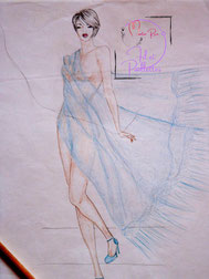 Sur l'image, un design pour une création d'un vêtement unique pour le spectacle.  Il s'agit d'un modèle pour un burlesque où la danseuse es seulement habillée avec un voile bleu semi-transparent.