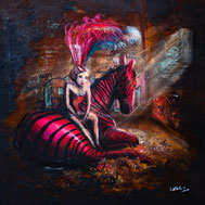 Showgirl auf abstraktem Pferd. Frau sitzt auf einem pinken Zebra auf Rosthintergrund.