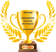 Beker met winnaar van de goedkoopste laminaat inclusief leggen prijs