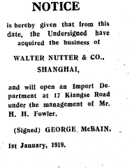 1919 notice that Nutter & Co had been taken over by George McBain Shanghai