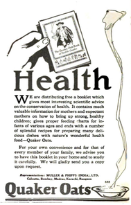 September 1923 print ad by Muller & Phipps British India for the "Quaker Oats Book of Health"