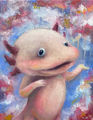 ノリコミシマの描くキノコにまみれたウーパールーパー（アホロートル）の油絵、norico mishima’s axolotl oil painting.