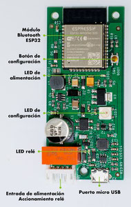 NEARKEY, especificaciones técnicas: Módulo bluetooth, botón de configuración, LED de configuración, LED relé, entrada de alimentación y micro USB