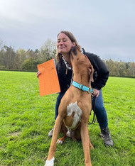 Anja kniet auf einer Wiese, hält ein orangefarbenes Blatt und wird von ihrem Hund Filou mit blauem Halsband angesprungen.