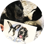 Cocker Spaniel and Bunny Rabbit posing with their watercolour pet portrait