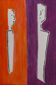 Minimalistische, abstrakte Paardarstellung in Orange und Lila mit schwarzen und silbernen Akzenten.