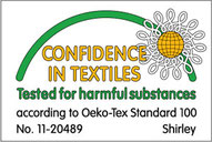 Öko-Tex Standard 100 Siegel mit der Aufschrift „Textiles Vertrauen – Schadstoffgeprüfte Textilien nach Öko-Tex Standard 100“.