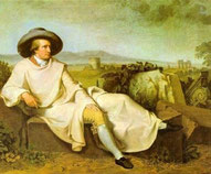 Altes Gemälde: Goethe in halbliegender Position auf einem Stein einer Ruine
