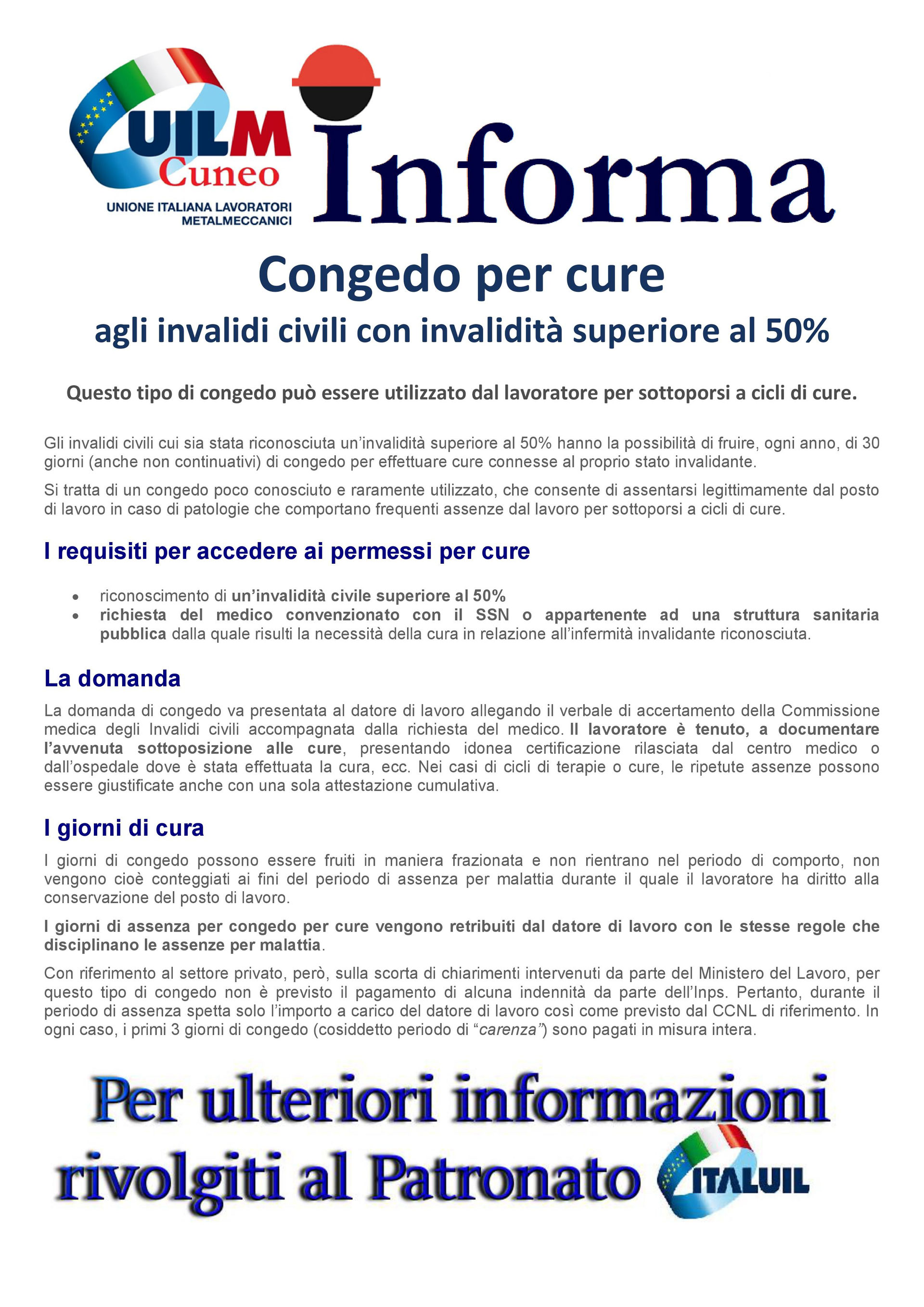 congedo per cure 30 giorni annui per invalidi con ...