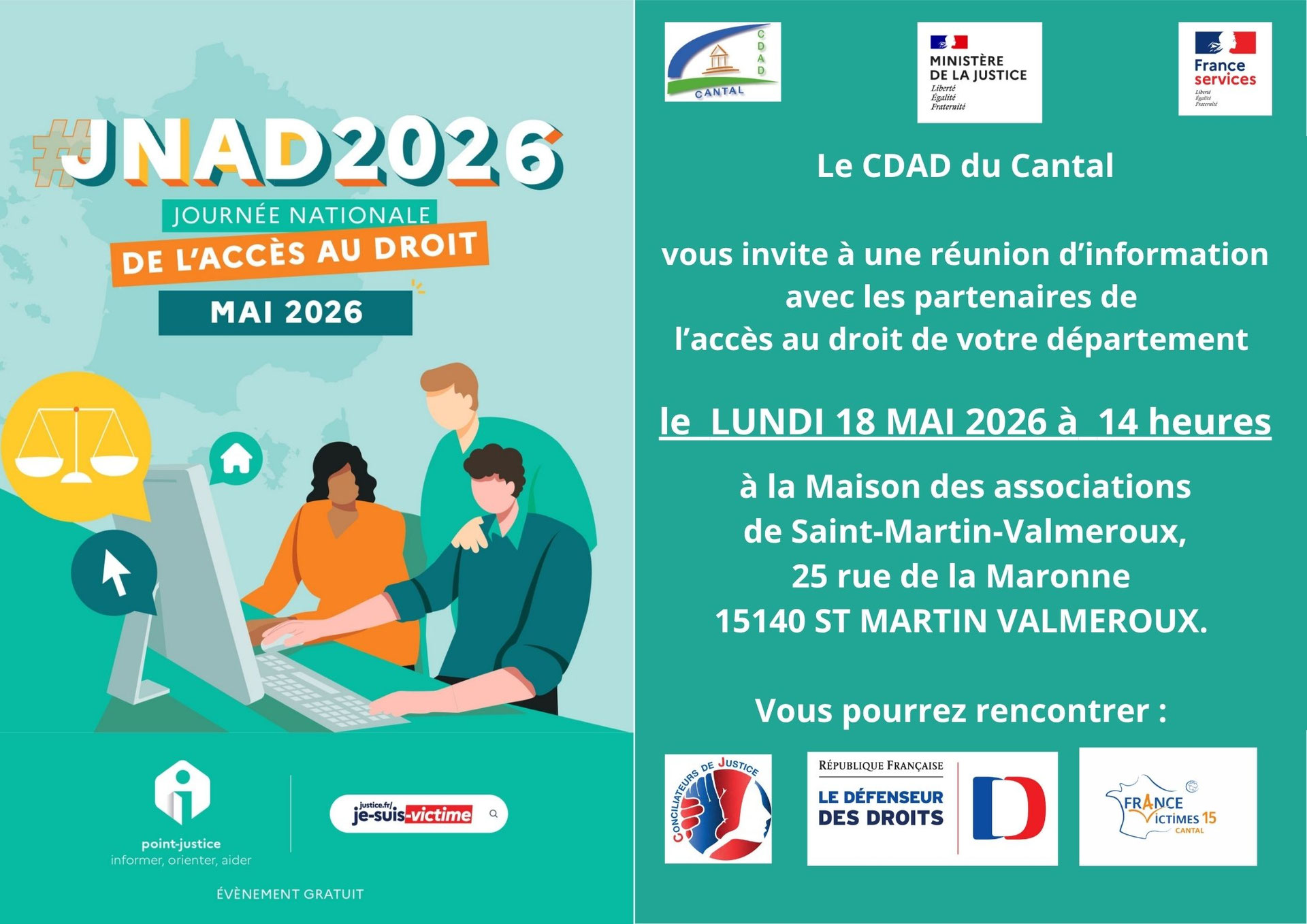 JNAD invitation réunion d'information sur l'accès au droit à St Martin Valmeroux 18 mai 26