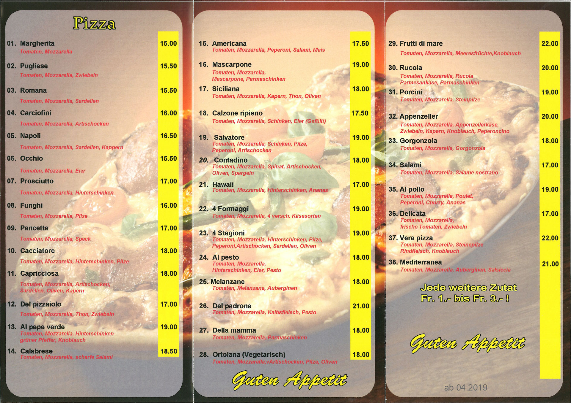 Pizzakarte - Ristorante Pizzeria da Salvatore Frohsinn 8854 Galgenen