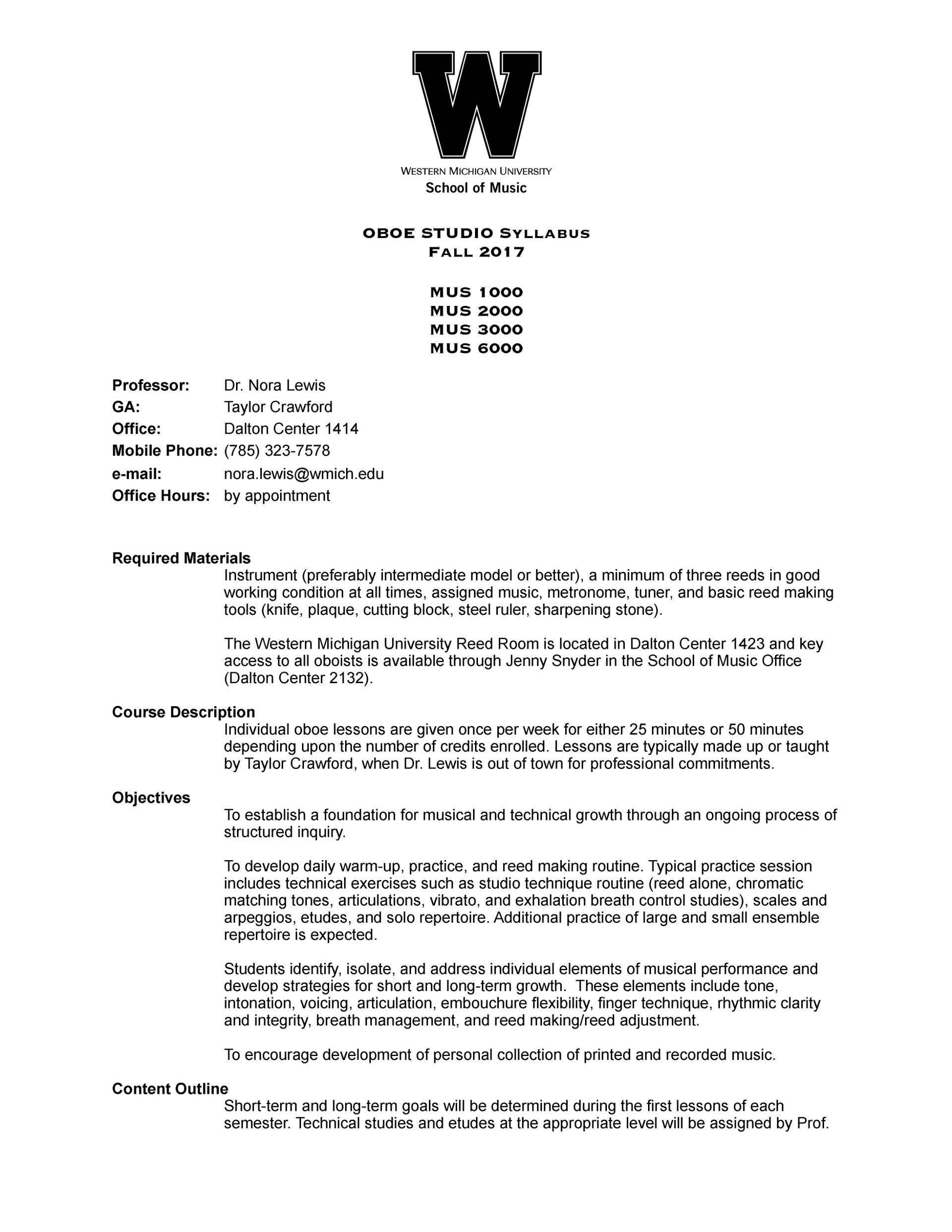 Oboe Studio Syllabus Nora Lewis, Oboist