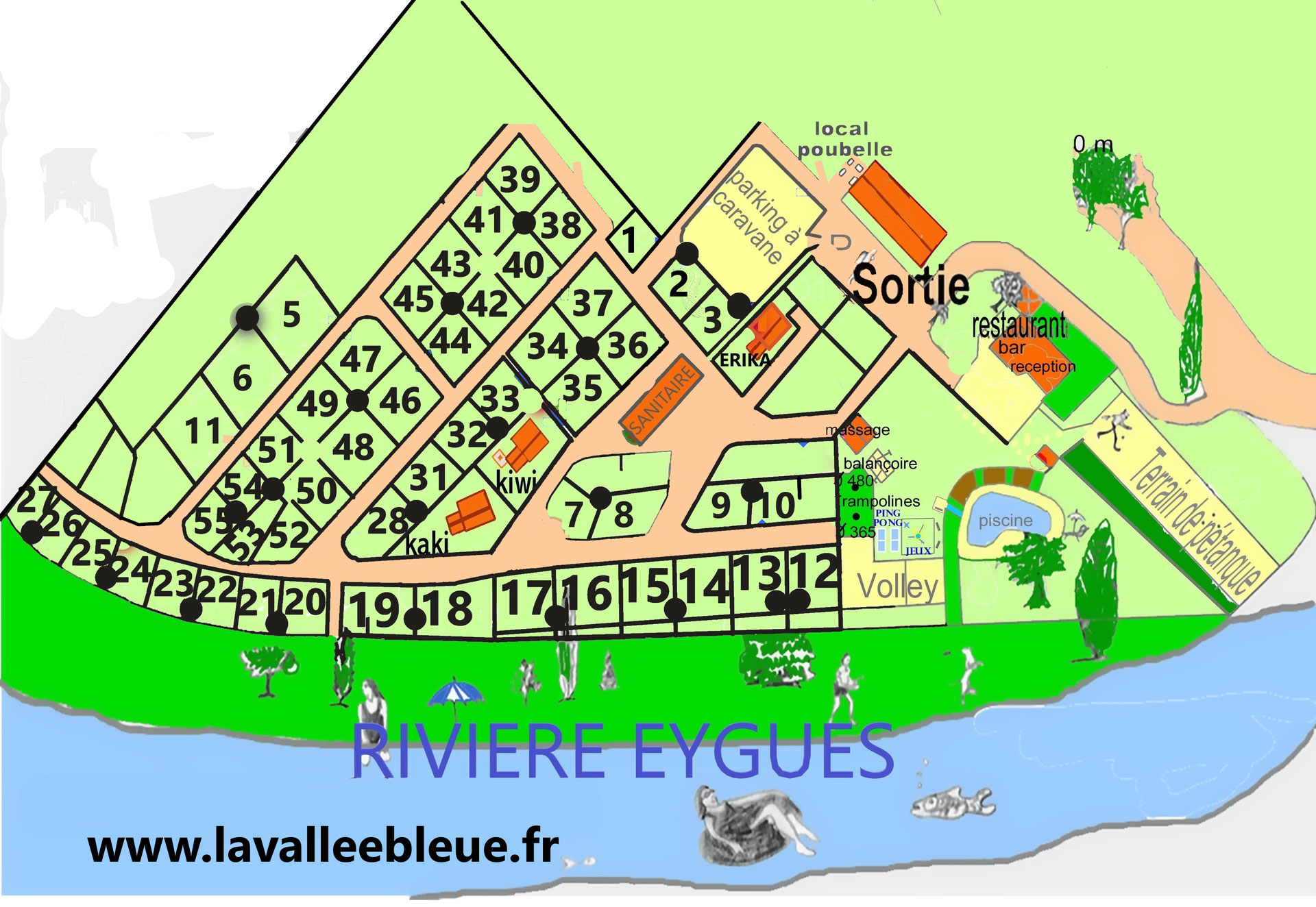 Les emplacements du Camping La Vallée Bleue Camping à Sahune en Drôme