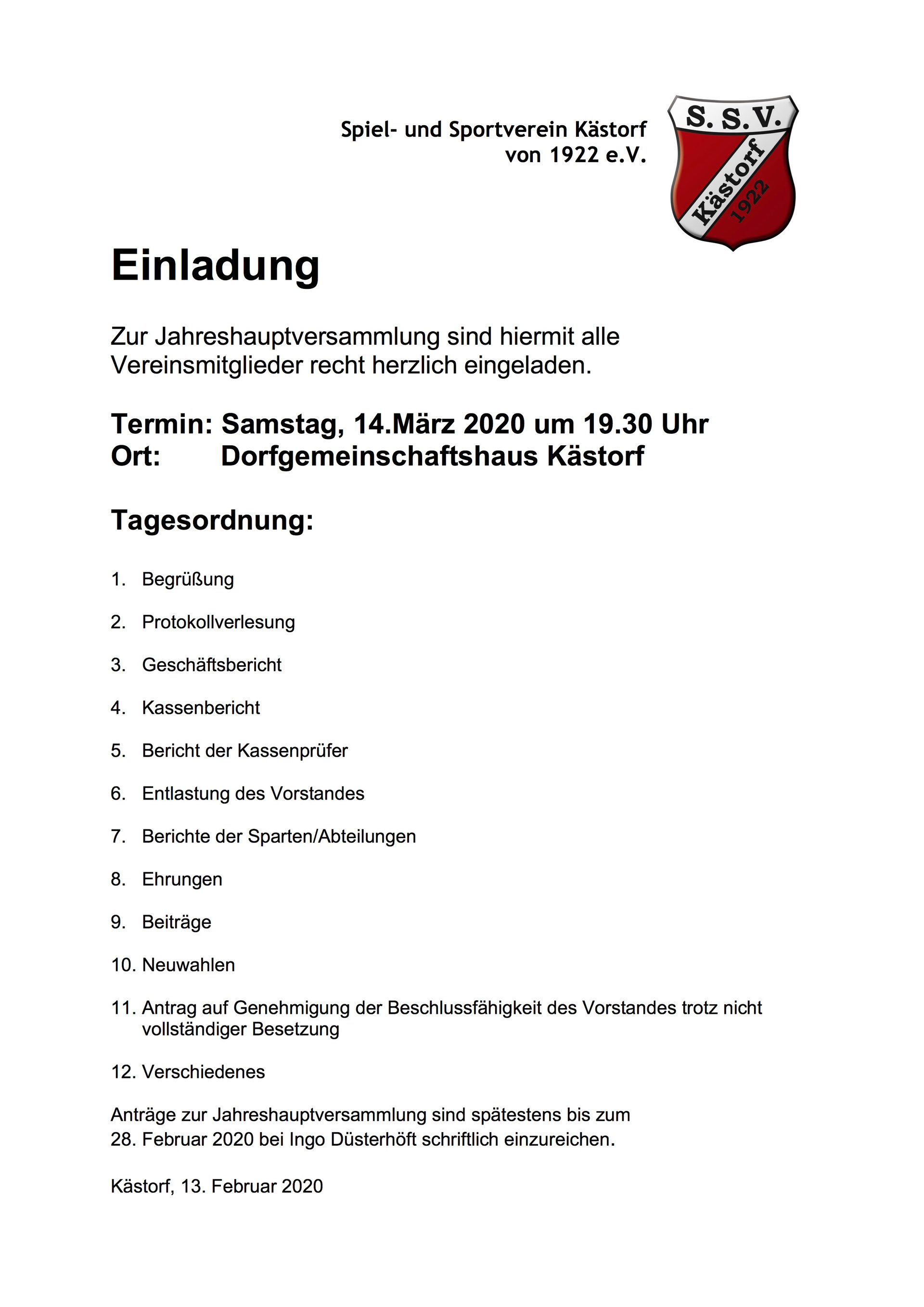 Einladung zu Jahreshauptversammlung - SSV Kästorf