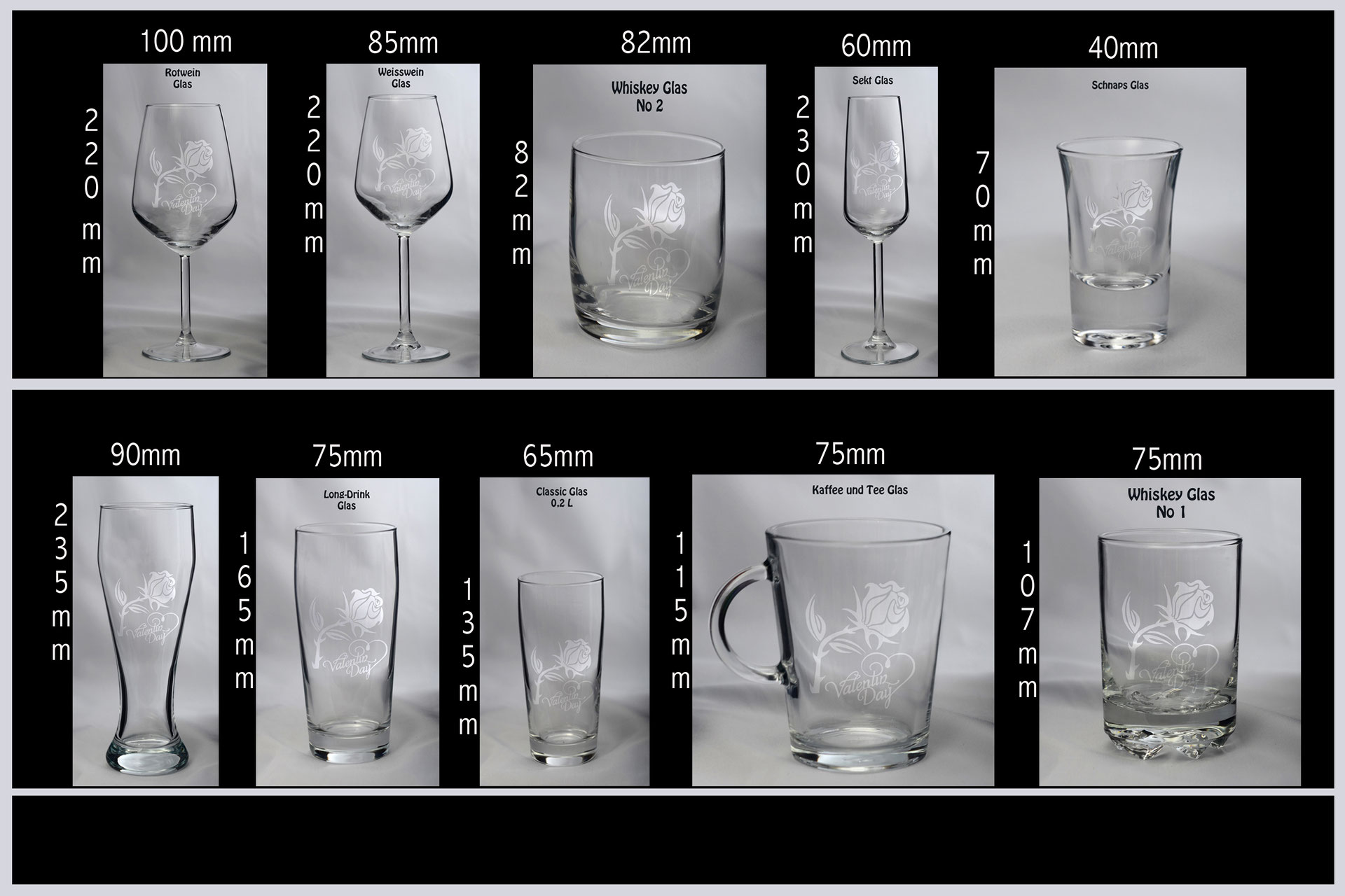 Unsere Glas-Arten auf einen Blick mit Maßen - Glas-Traum.de : Trinkgläser mit eigenem Motiv und 