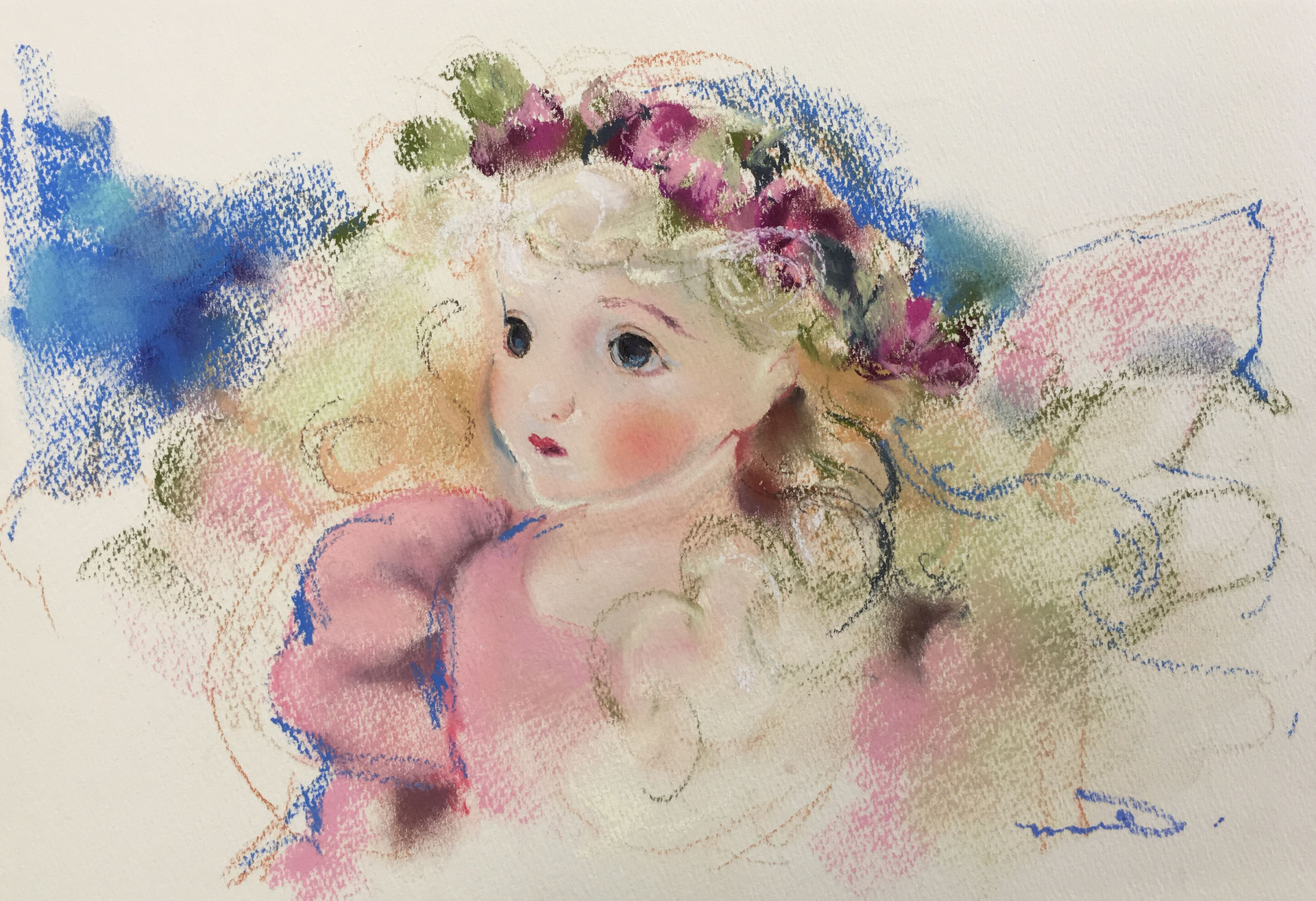 ソフトパステル水彩画 女性の肖像 多色使いアートインテリア ソフトパステル水彩画 女性の肖像 多色使いアートインテリア