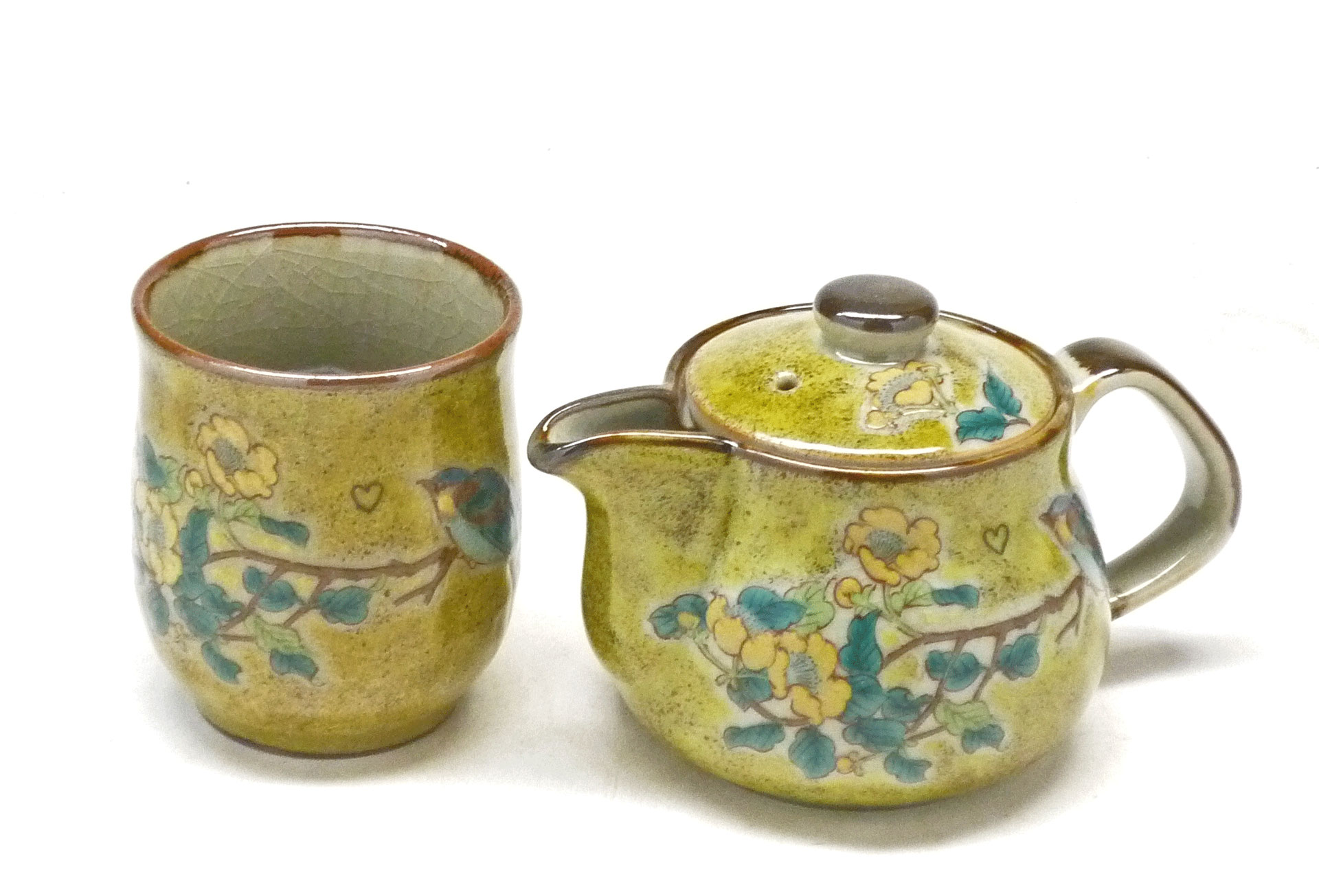 九谷焼 急須 茶器 おしゃれ 2点セット 小 黄塗り金糸梅に鳥 裏絵 九谷焼通販 酒井百華園 昭和21年創業