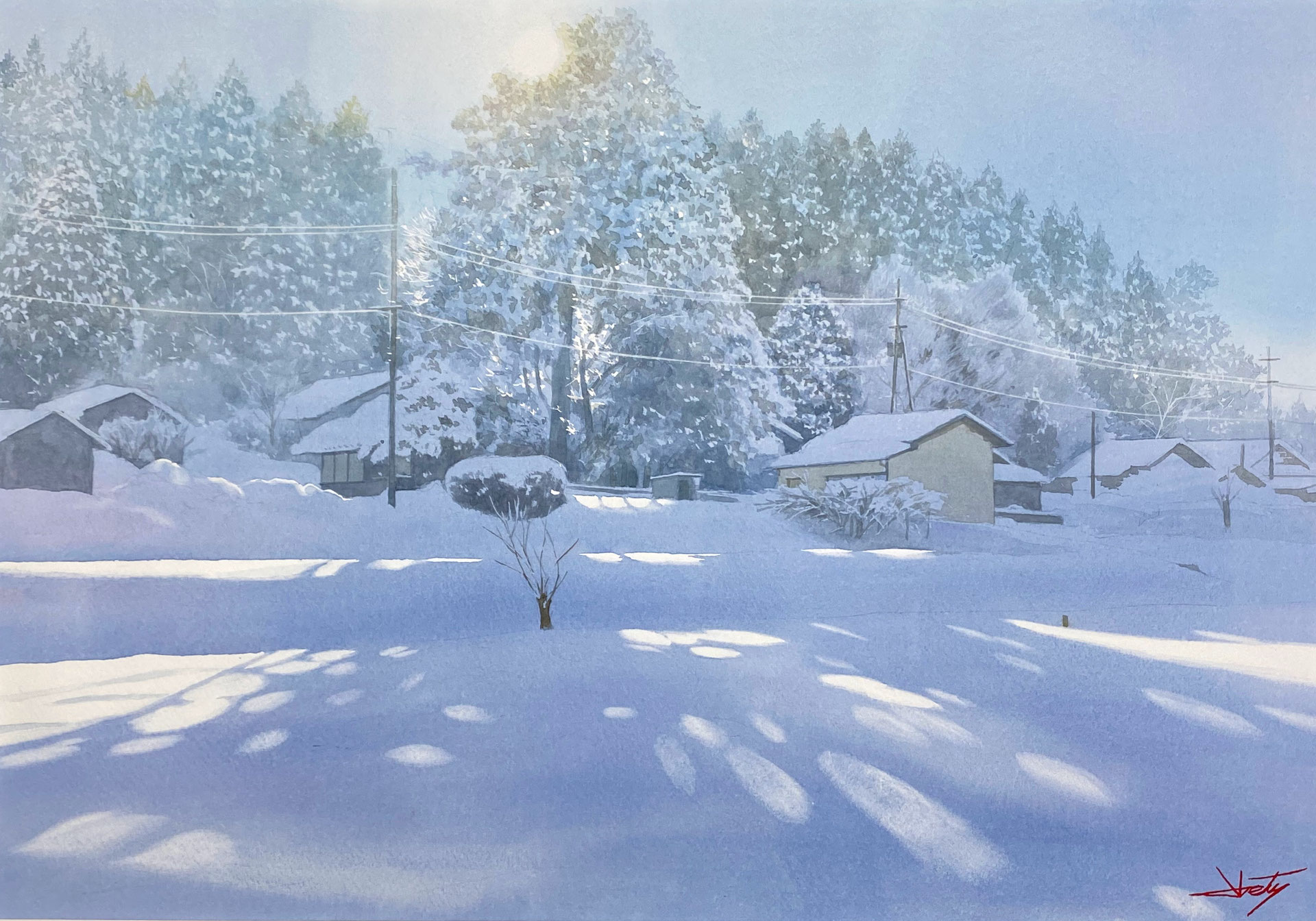 冬の風景 水彩画 金色フレーム付き　正教会　馬橇 伊藤 正「馬橇のある風景」水彩画 日展会員 一水会常任委員 た